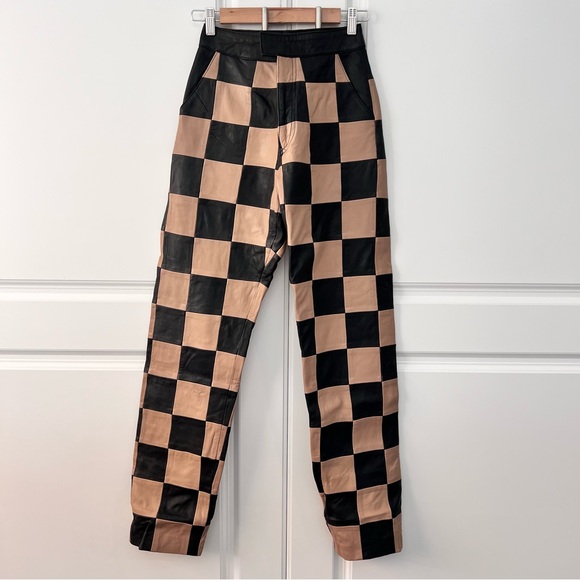 Nasty Gal Checkerboard High Waisted Genuine Leather Pants - Size 0 - Picture 4 of 12